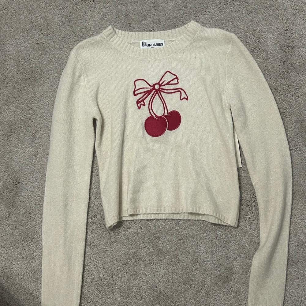 No Boundaries Cream Sweater with Red Cherry Bow